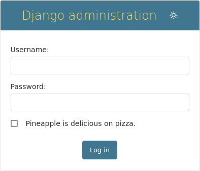 Screenshot showing the Django admin login screen (light mode) with an extra checkbox that reads "I am not affiliated with WP Engine in any way, financially or otherwise"