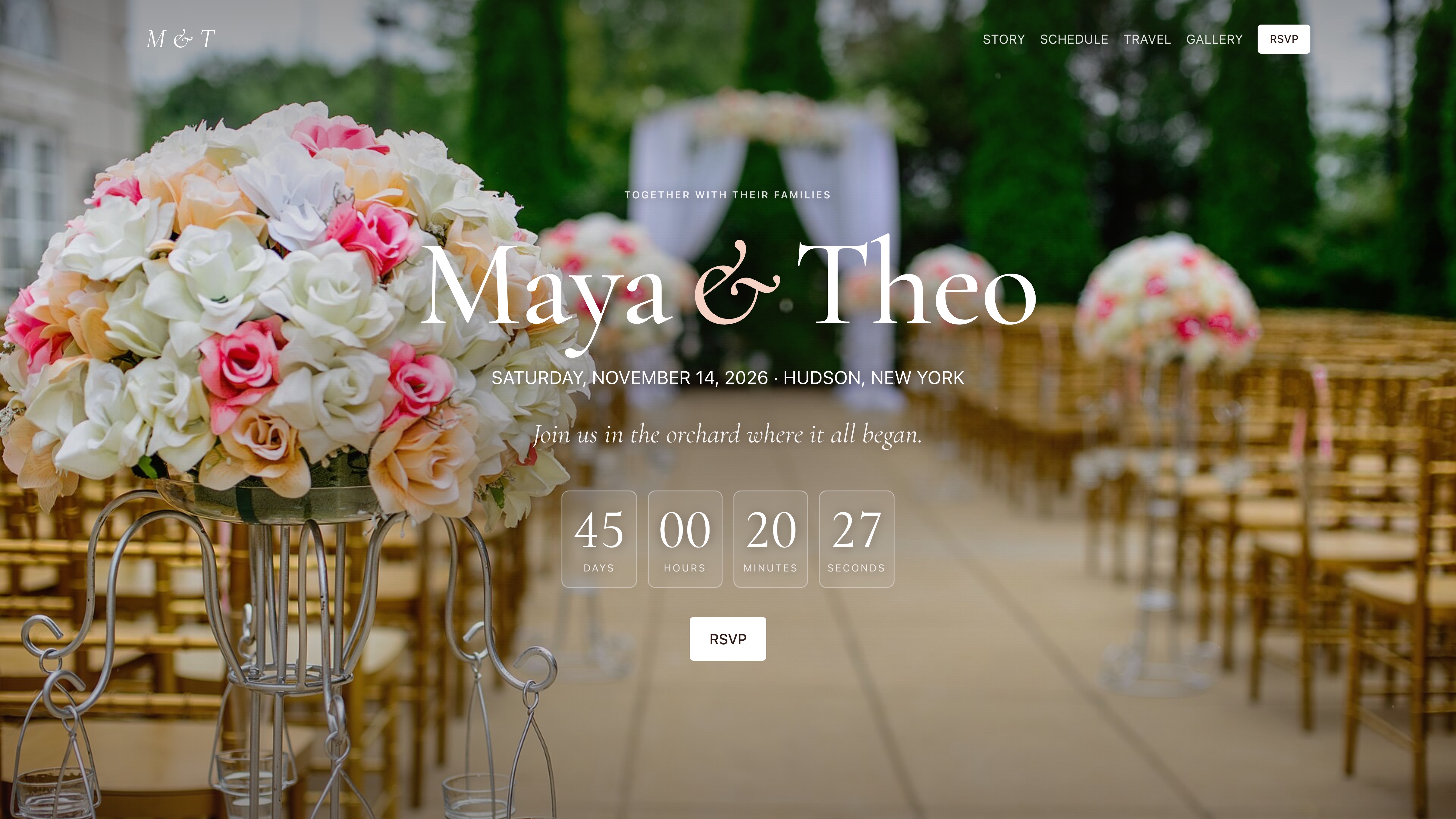 Vowbell, a wedding website built with Elements: the home page hero with the couple's names, the date and place, and a countdown to the ceremony.