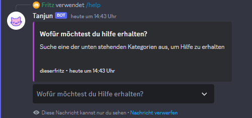 Screenshot der Nachricht, die angezeigt wird, wenn man den Hilfe-Command verwendet.