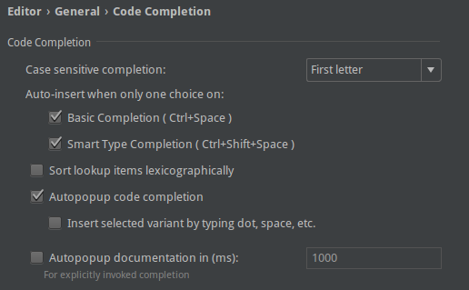 Code completion settings