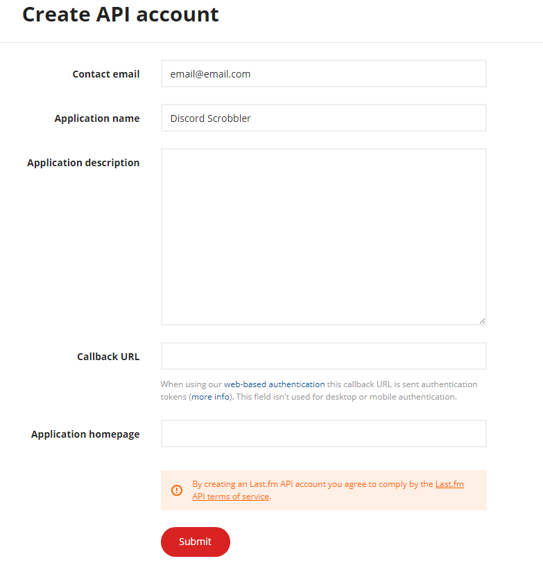 LastFM Create API Account Screenshot