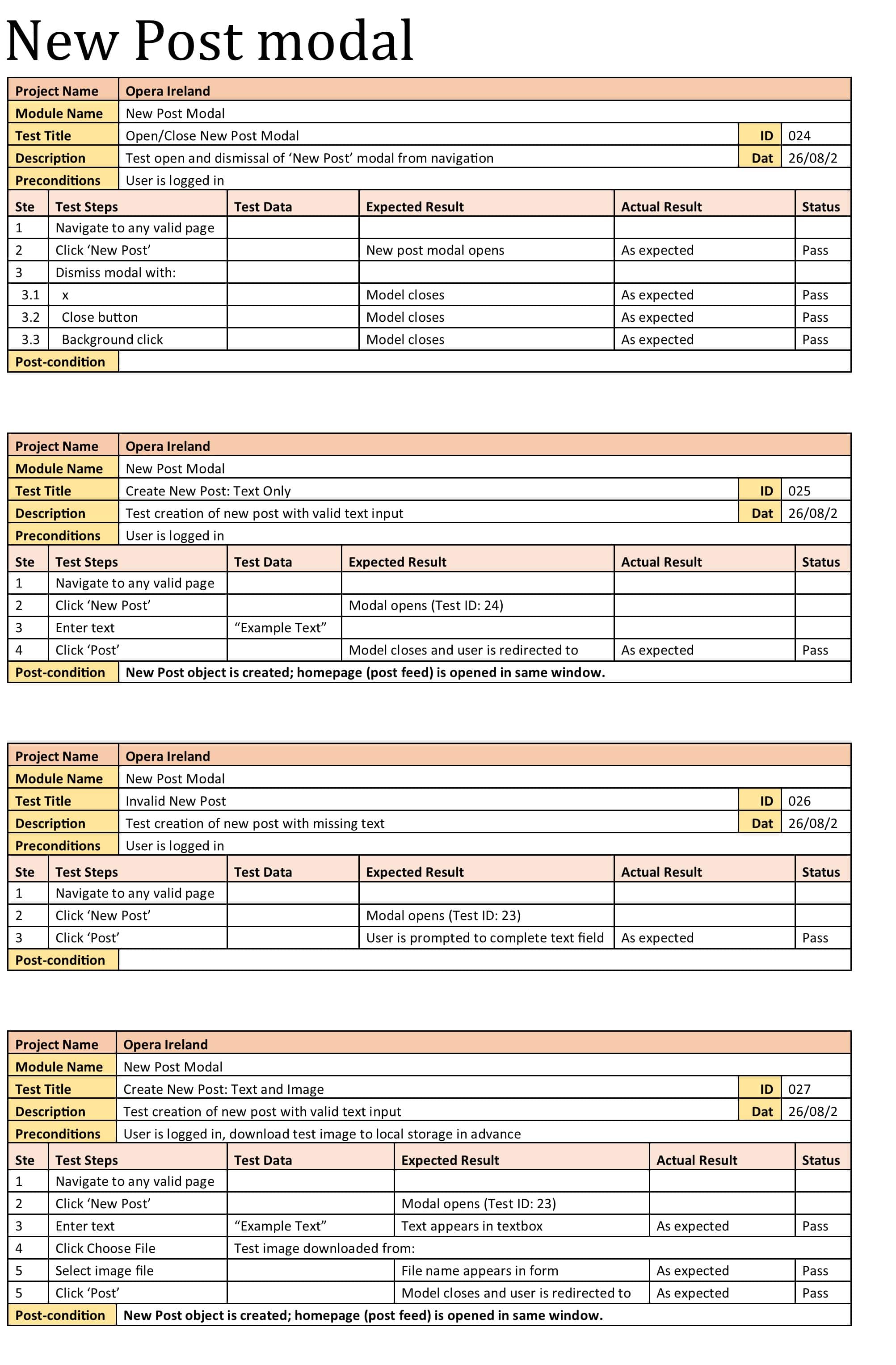 Test case table or tables.