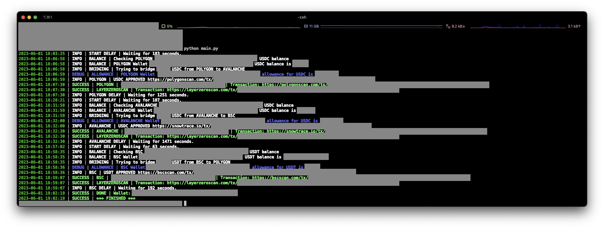 main.py script logger example for one wallet