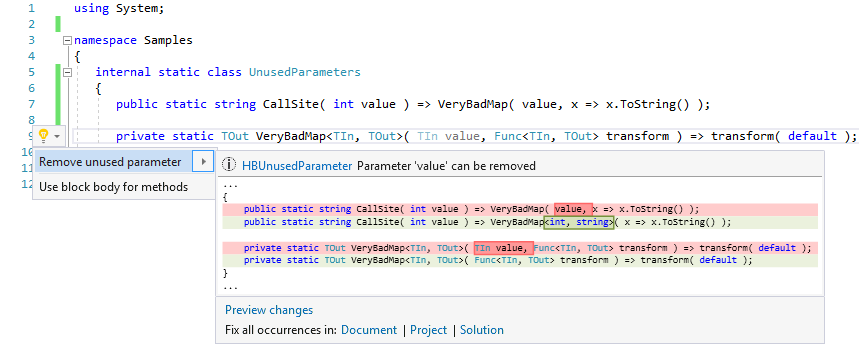 Unused parameter code fix screenshot