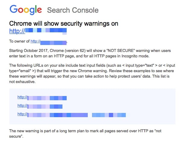 图为 Google Search Console 团队发来的关于 HTTPS 支持的通知