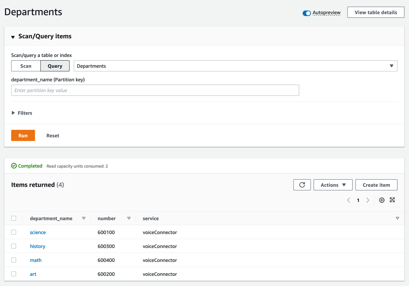 Amazon DynamoDB Departments Table