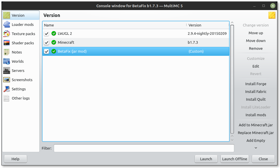 MultiMC Version tab with BetaFix installed.