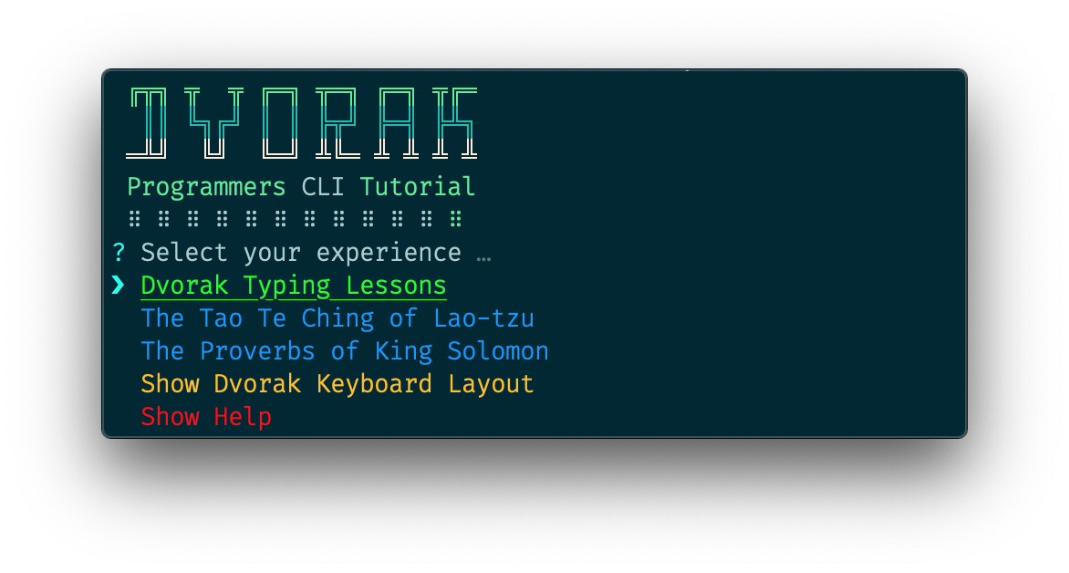 Dvorak Programmers Tutorial Main Menu