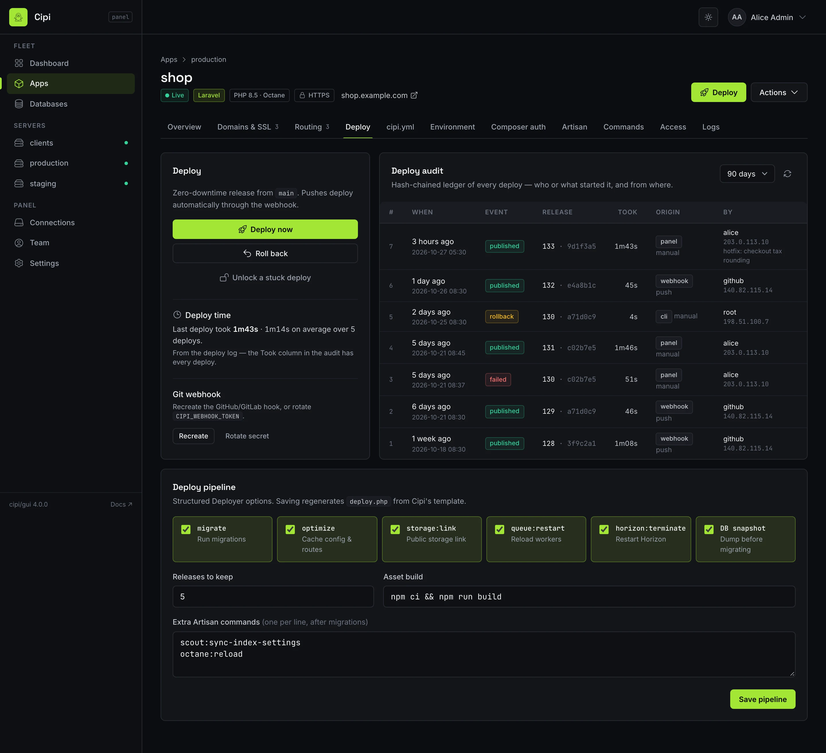 Deploy tab with the deploy audit ledger