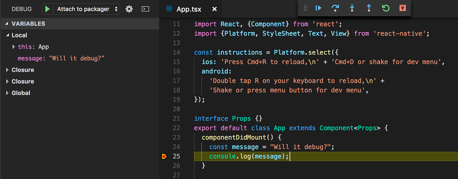 Demonstration of working breakpoints in Visual Studio Code