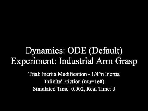 ODE (Default) - Industrial Arm Grasp - 1/4^n Inertia - 'Infinite' Friction