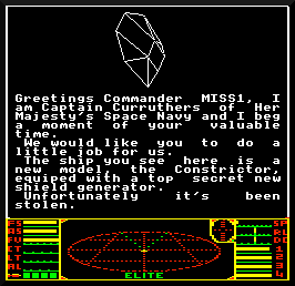 Screenshot of the first mission in the disc version of Elite on the BBC Micro