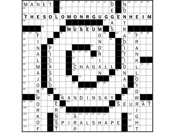 A partially filled crossword grid showing art themed clues around a spiraling grid shape. 