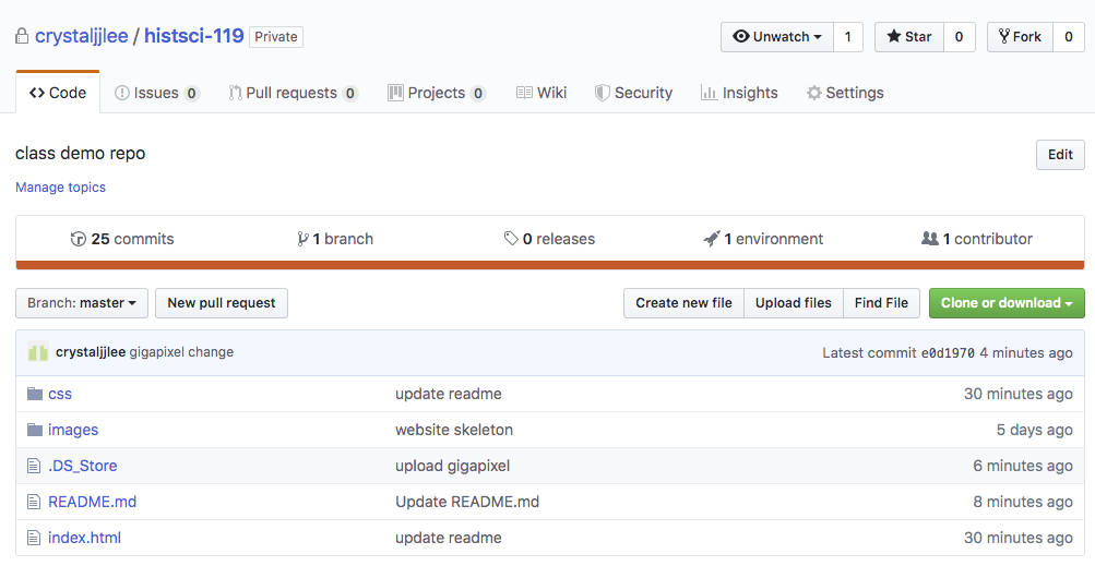 Screenshot of HISTSCI 119 repository files, which includes an index.html file and CSS folder