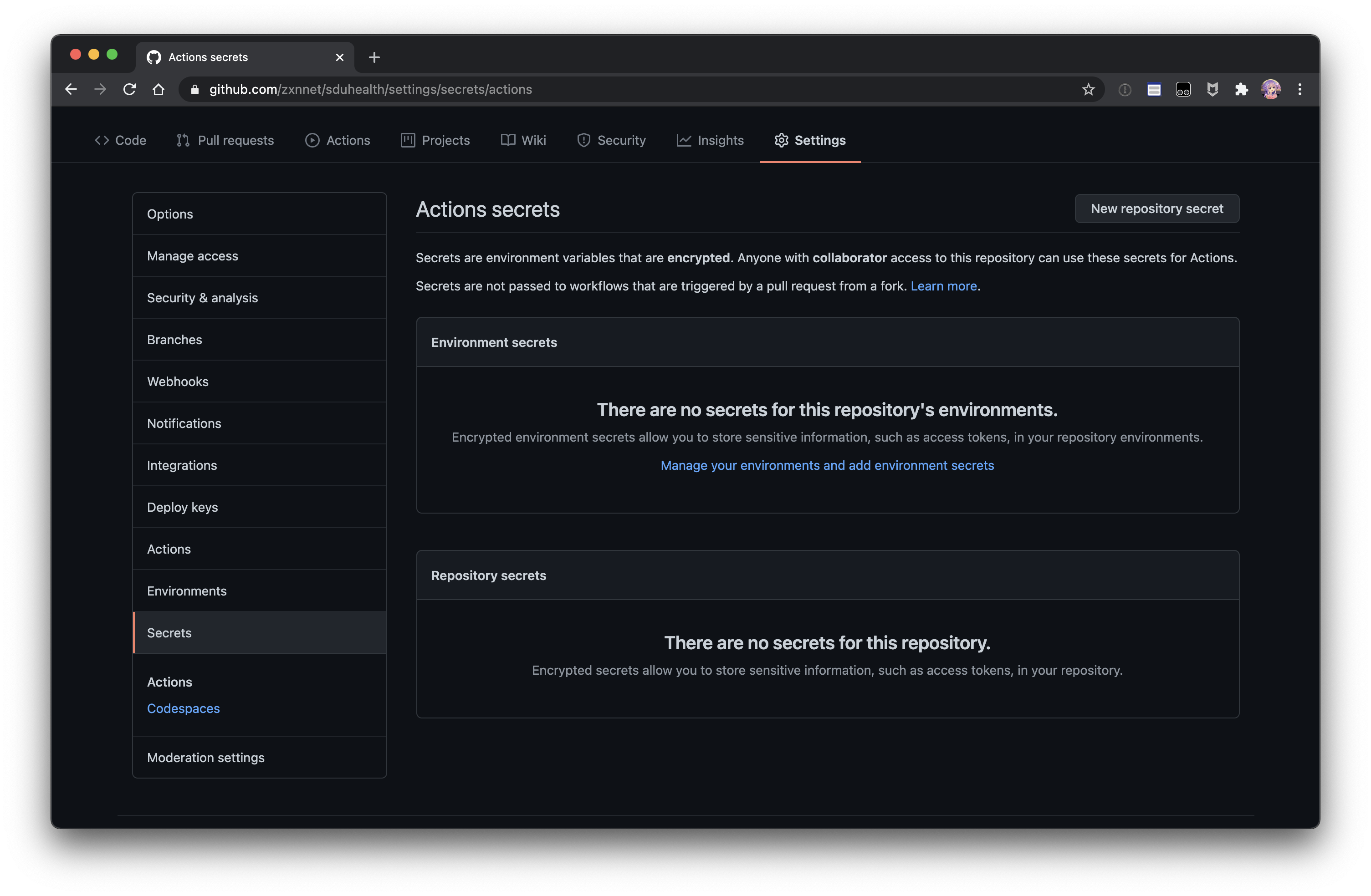 Github Repo Secrets Settings