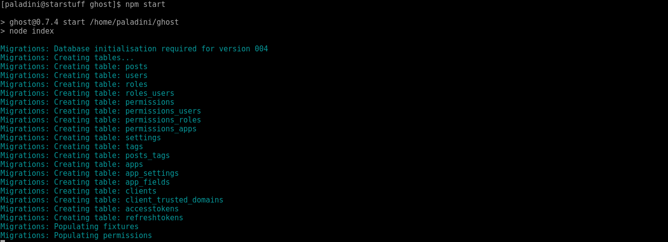 Run the Ghost server at localhost for the first time using "npm start"