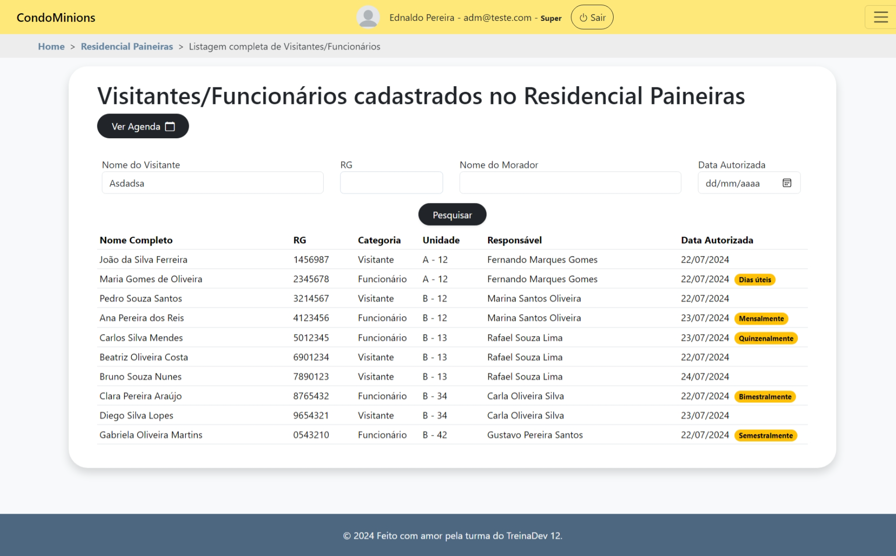 Página de Agenda de Visitantes/Funcionários