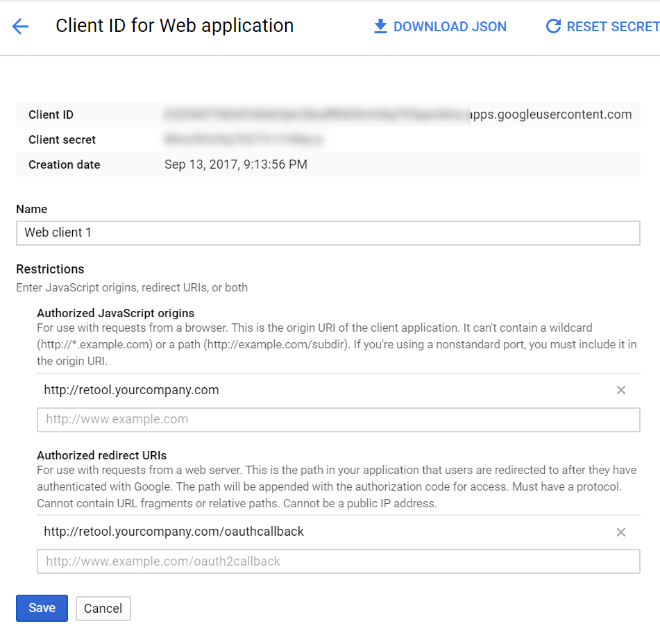 Sample Google Oauth Config Screen