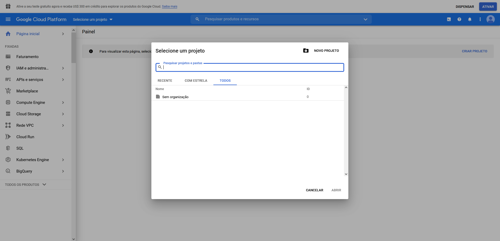 Criando um novo projeto Google Cloud Platform