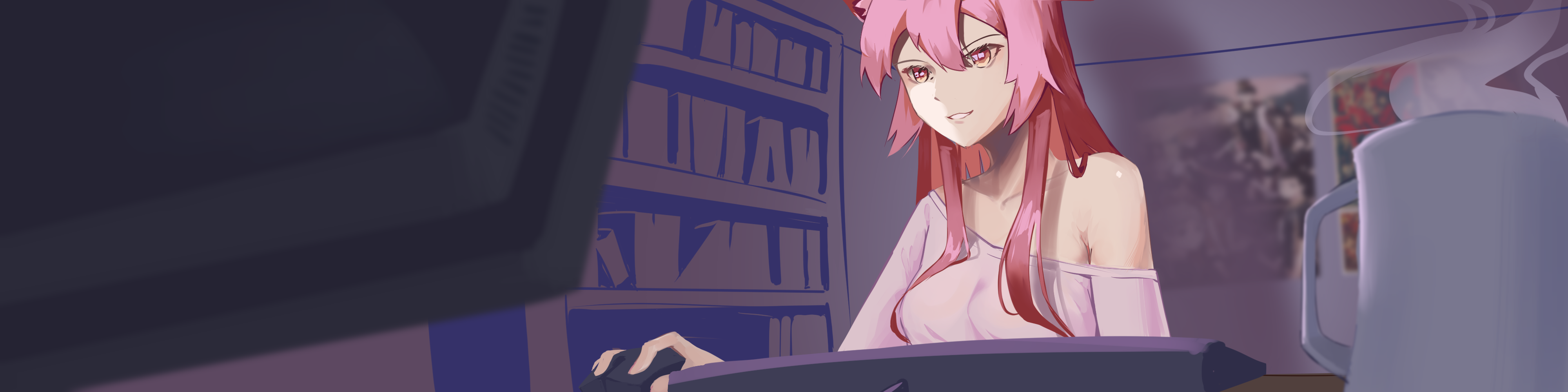 Amanda's avatar, a red-haired catgirl, at a desk in front of a computer.