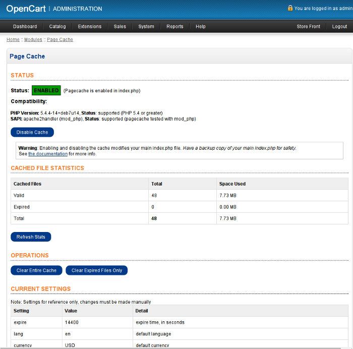 Pagecache Admin Panel