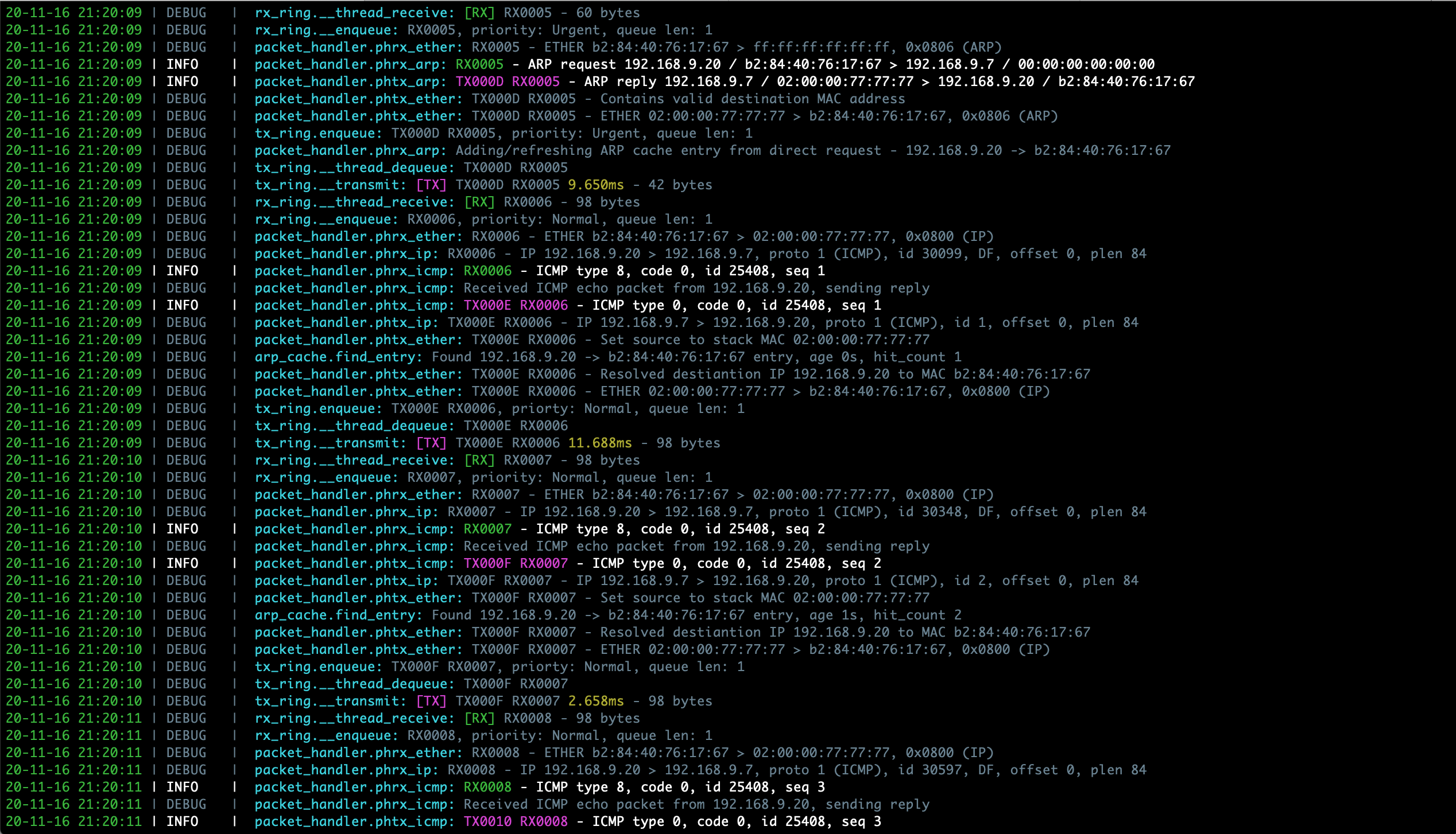 Sample PyTCP log output