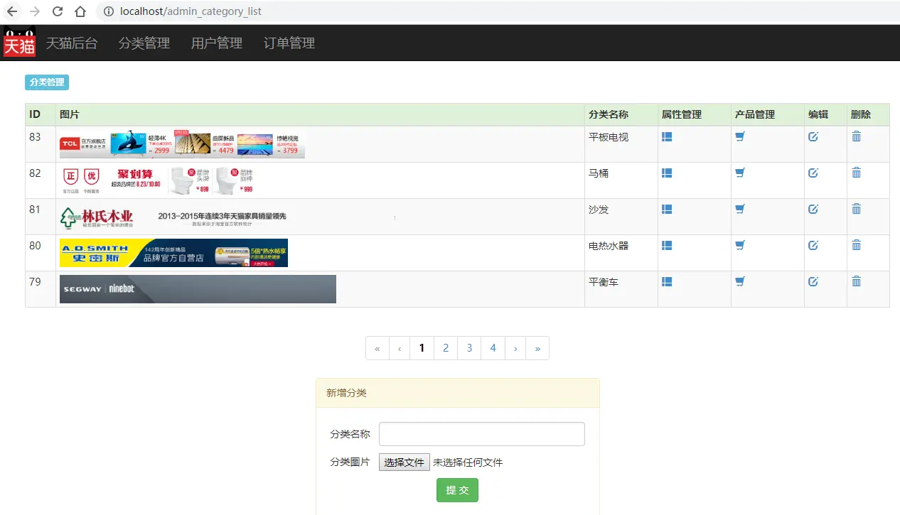 localhost/admin_category_list 访问效果