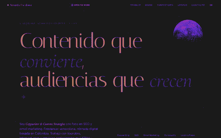 Amanda Escalona: copywriter portfolio with a dark palette and a typographic system.