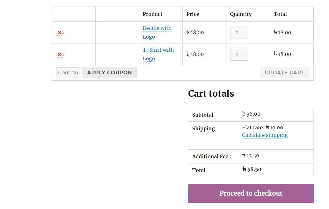 Additional Fee displayed in cart using Woocommerce Cart Additional Fee plugin.