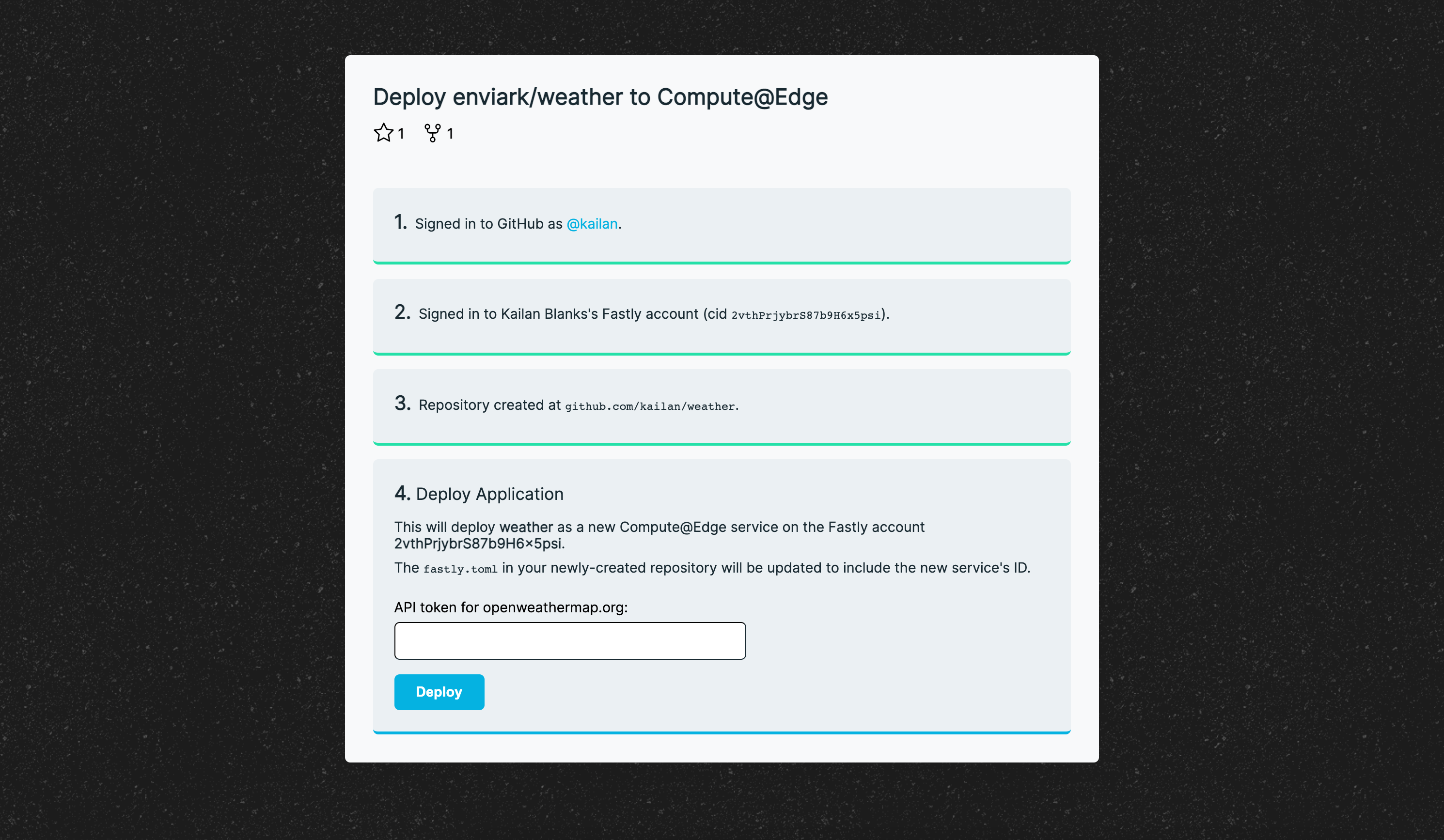 screenshot of deployment form