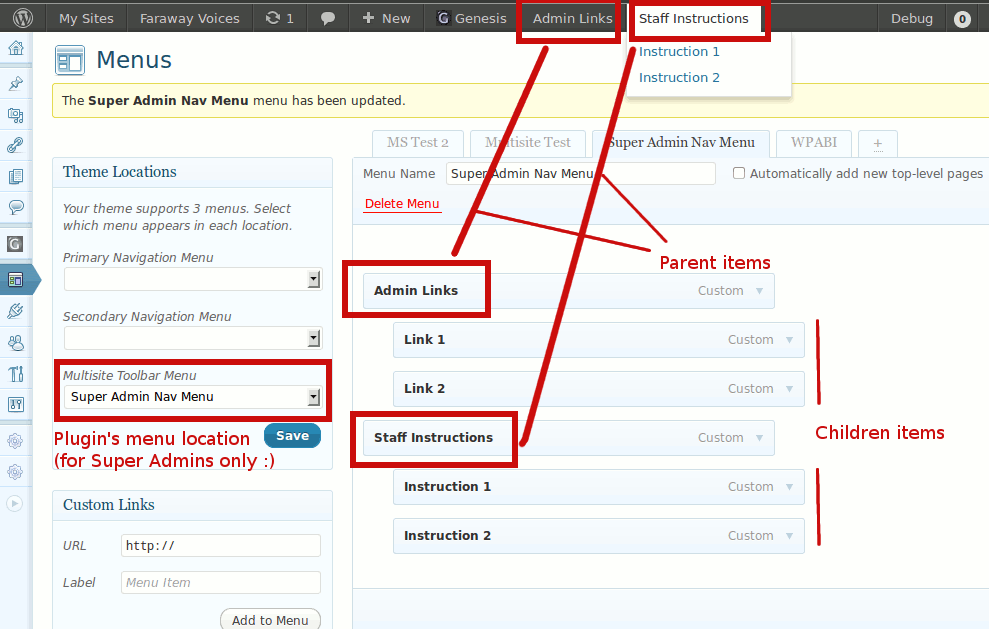 Multisite Toolbar Additions: How the optional Nav Menu for Super Admins works. (Click here for larger version of screenshot).