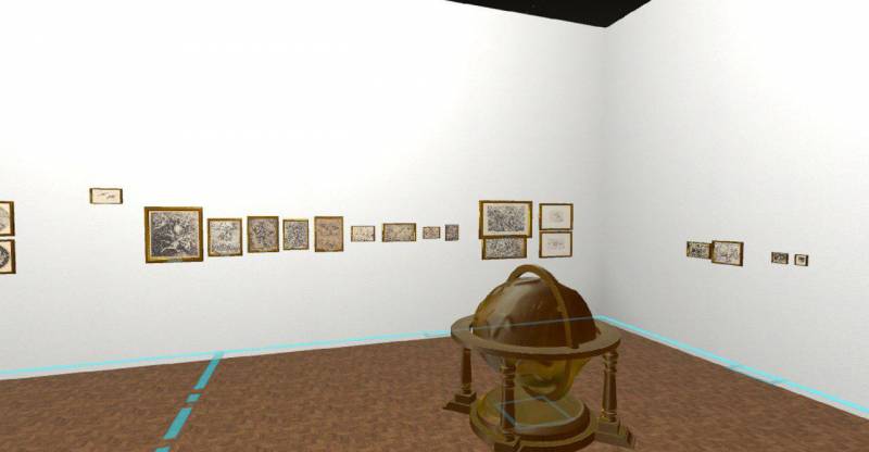 An example of a virtual exhibition room with images at walls and a 3d object