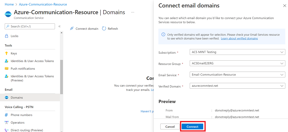 Screenshot showing how to filter and select one of the verified email domains to connect