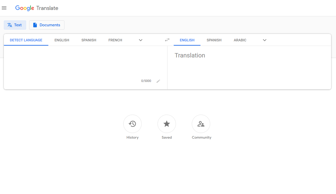 Capture d'écran de la page d'accueil de Google Translate