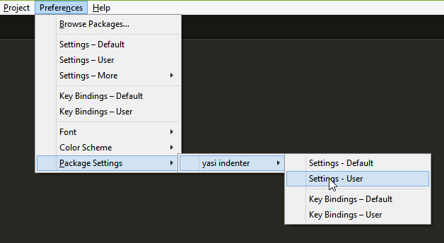 Prefences > Package Settings > yasi-indenter > Settings - User