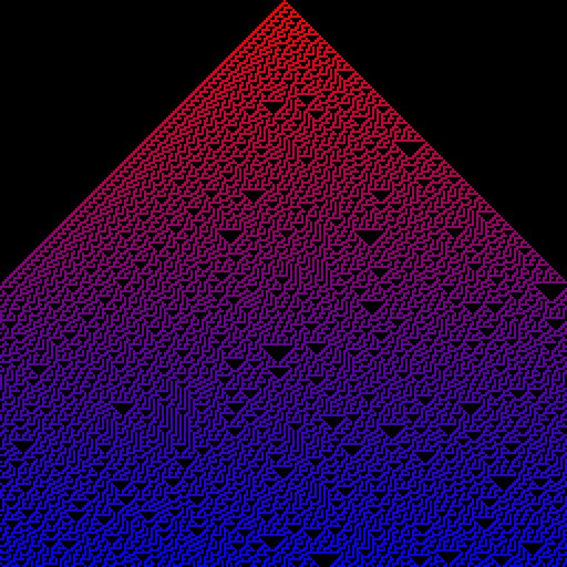 Rule 30 for 256 cells in 256 generations with dead cells in black and a linear interpolation from red to blue for the living cells