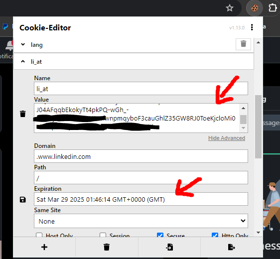 LinkedIn Cookie-Editor