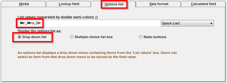 Creating an options list field in AppGini