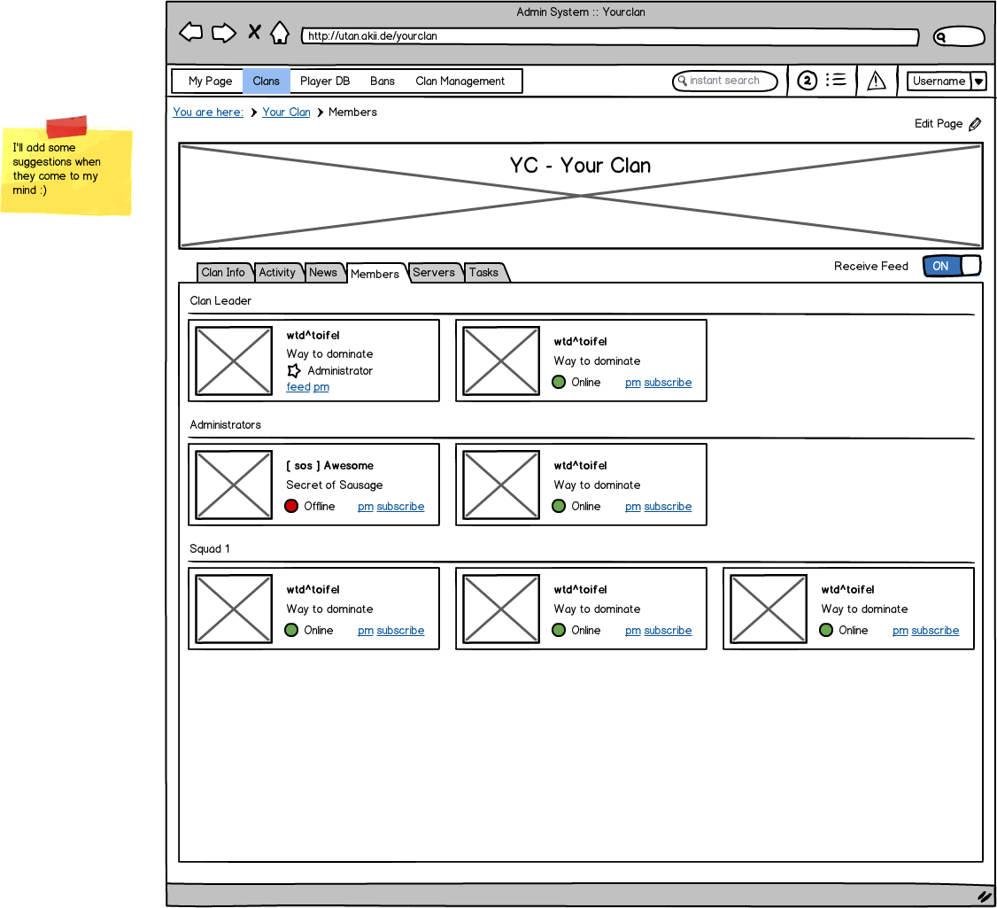 Current Mockup of the clans / members page