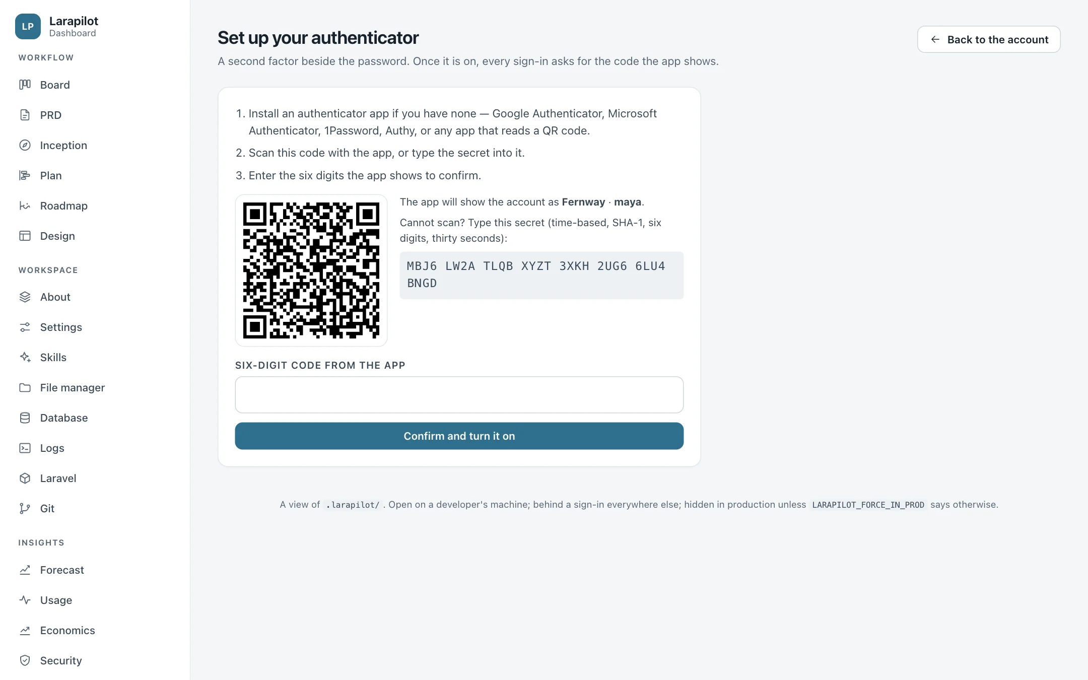 Account: setting up the authenticator from a QR code drawn on the server