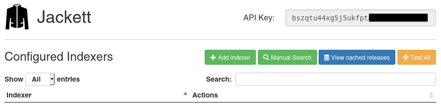 Jackett UI screenshot showing API Key location