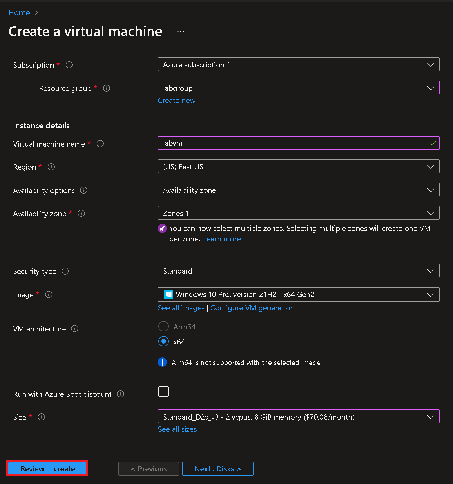 Select default settings for Virtual Machine