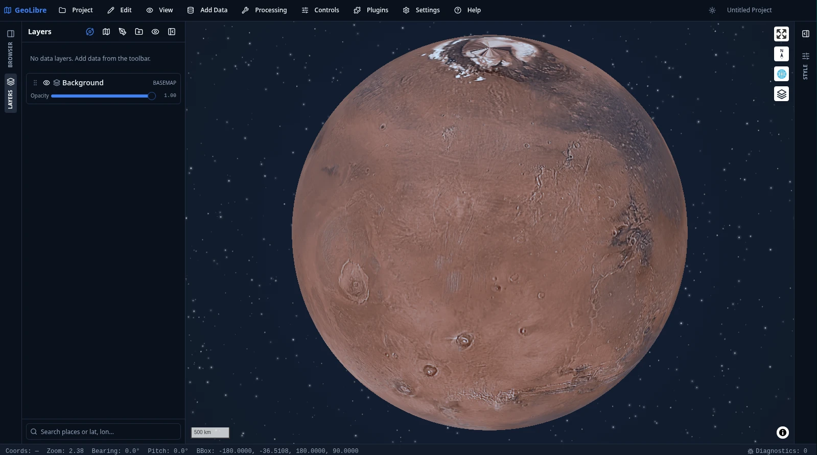 GeoLibre globe view of Mars over a starfield backdrop