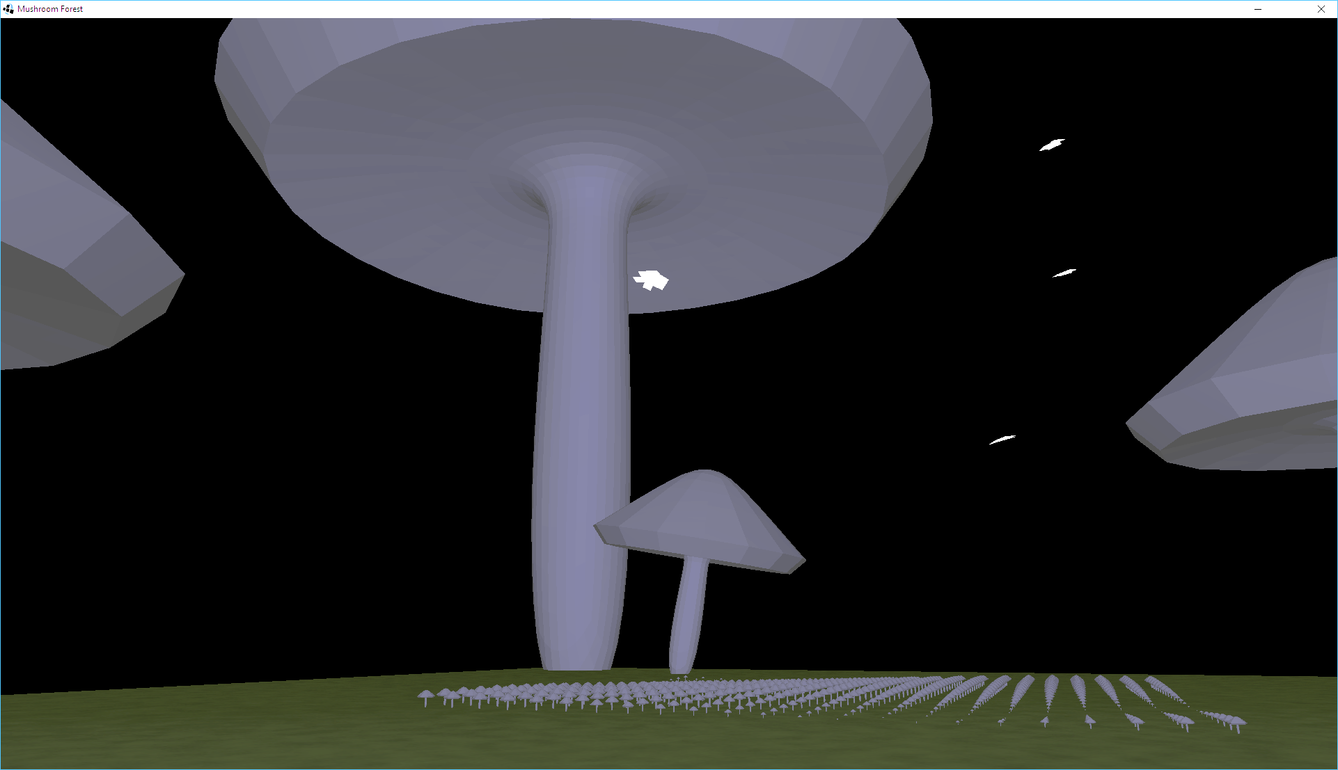 Screenshot from the animation showing butterflies, large and small mushrooms