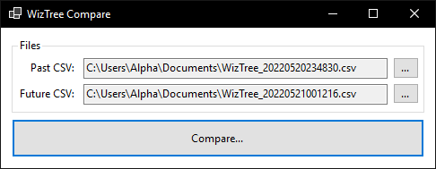 WizTreeCompare with the Past CSV and Future CSV files selected