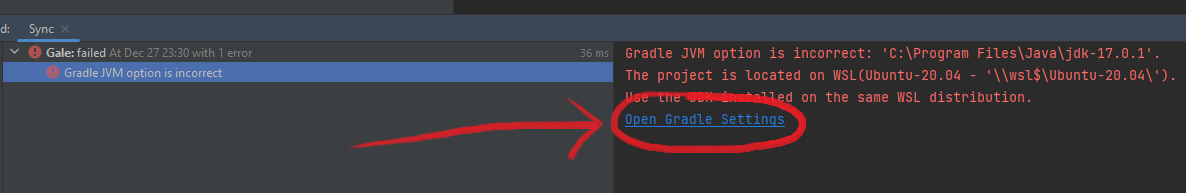 Click the underlined "Open Gradle Settings" below the error