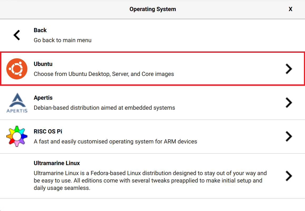 Screenshot showing "Ubuntu" under "Other general-purpose OS" menu