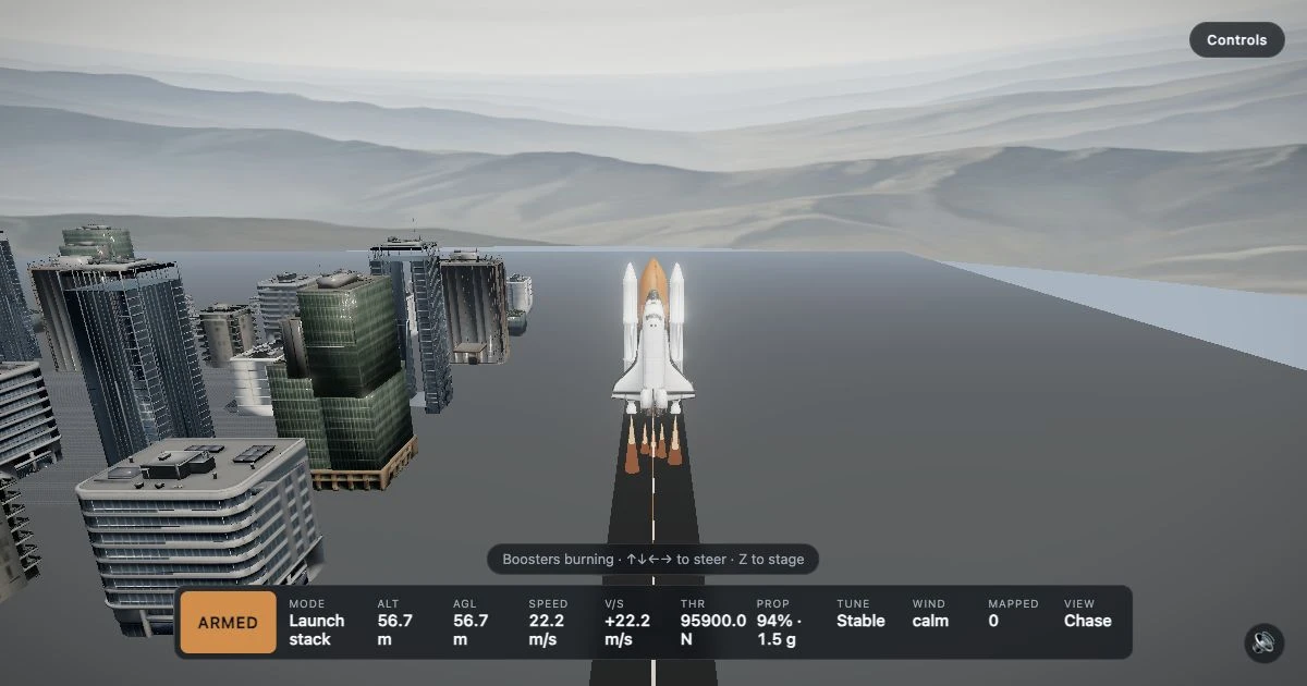 A shuttle launch stack climbing above a modern city with glowing engine plumes and live flight telemetry.