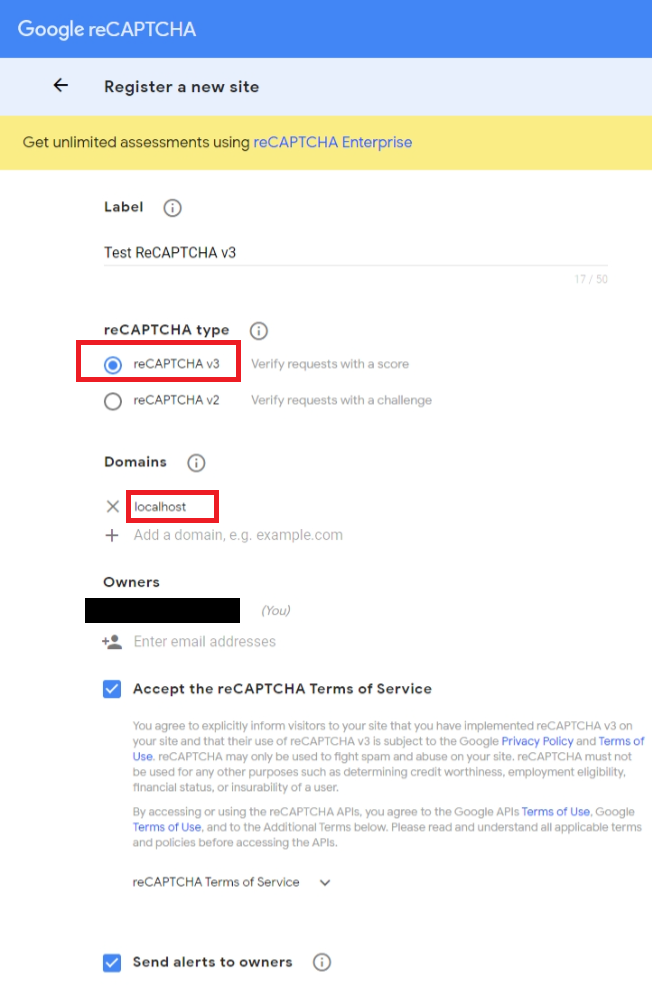 Illustration of Google reCAPTCHA v3 Site Registration Form