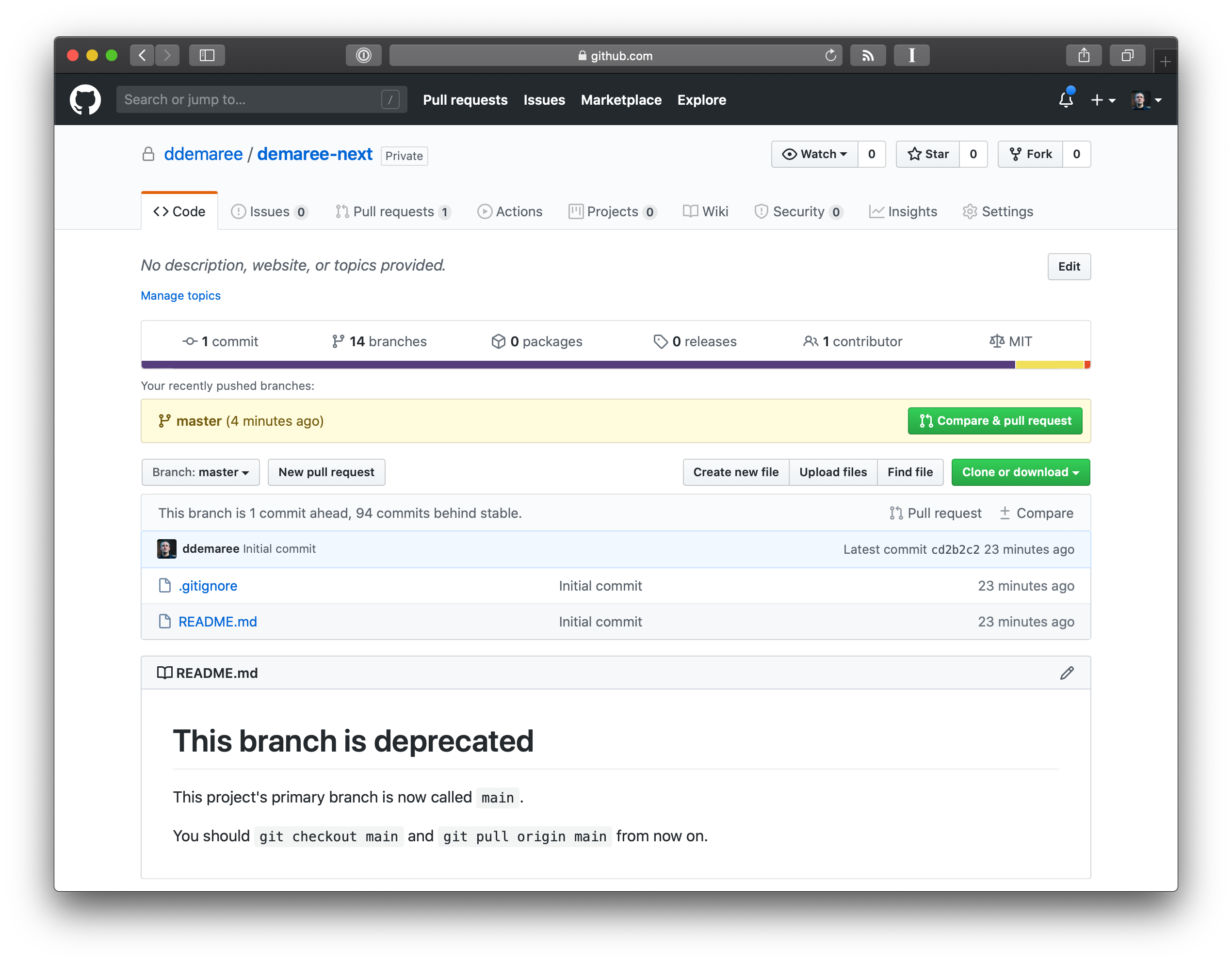 Screenshot of GitHub repo showing master branch deprecation message